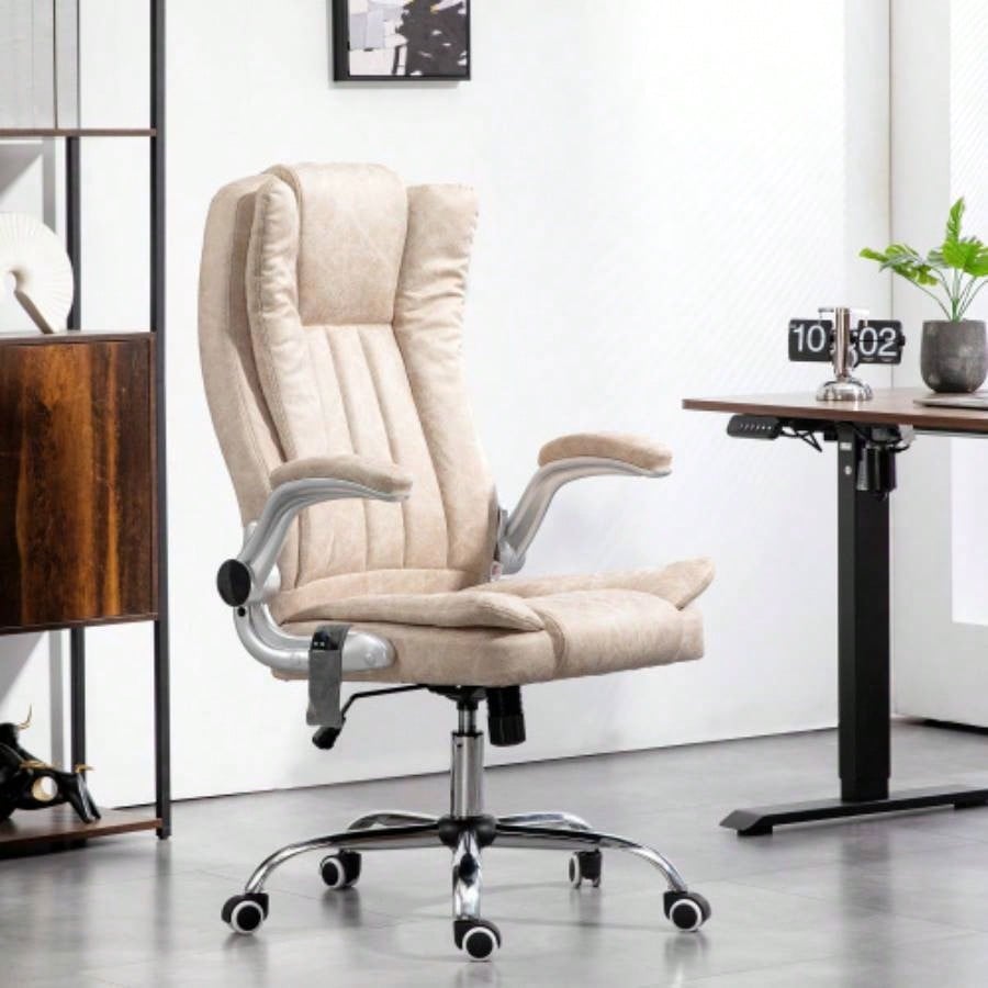 HOMCOM Executive Office Chair with Padded Flip - up Arms, Microfiber High Back Desk Chair, Swivel Computer Chair with Adjustable Height and Tilt Function, White