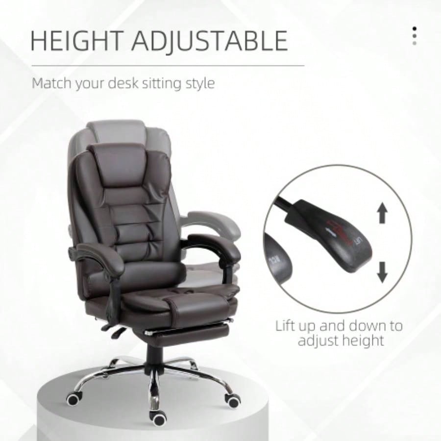 HOMCOM High Back Ergonomic Executive Office Chair, PU Leather Computer Chair with Retractable Footrest, Lumbar Support, Padded Headrest and Armrest, Coffee