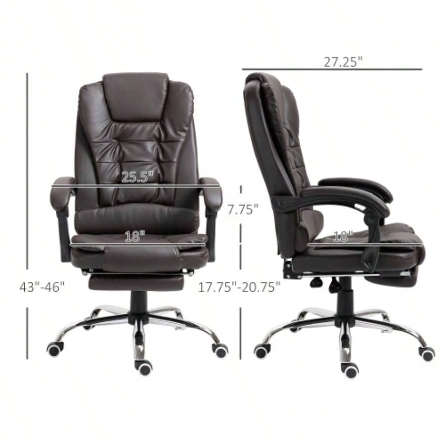 HOMCOM High Back Ergonomic Executive Office Chair, PU Leather Computer Chair with Retractable Footrest, Lumbar Support, Padded Headrest and Armrest, Coffee