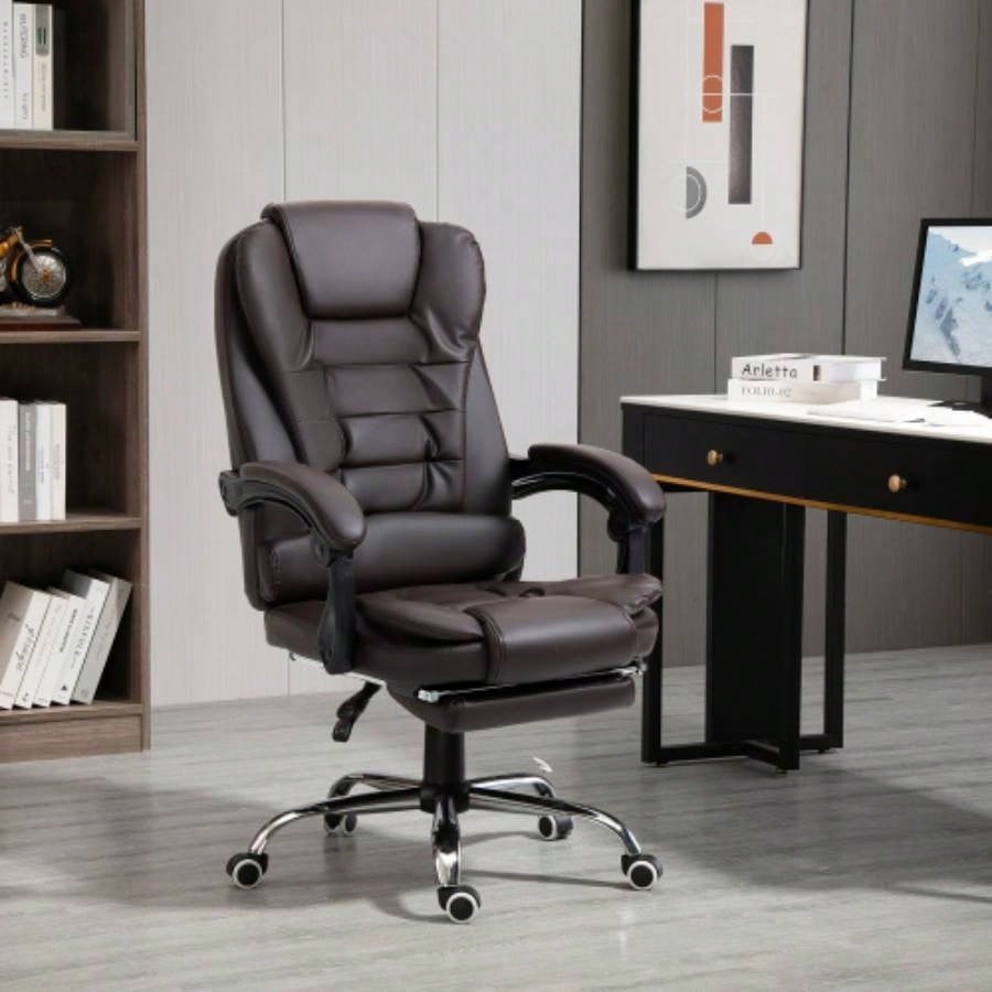 HOMCOM High Back Ergonomic Executive Office Chair, PU Leather Computer Chair with Retractable Footrest, Lumbar Support, Padded Headrest and Armrest, Coffee