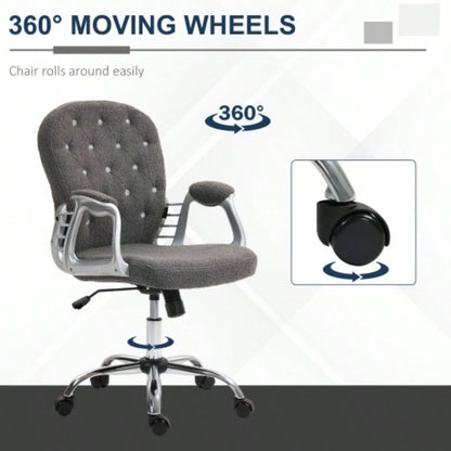 Vinsetto Teddy Fleece Home Office Chair, Button Tufted Desk Chair with Padded Armrests, Adjustable Height and Swivel Wheels, Dark Gray