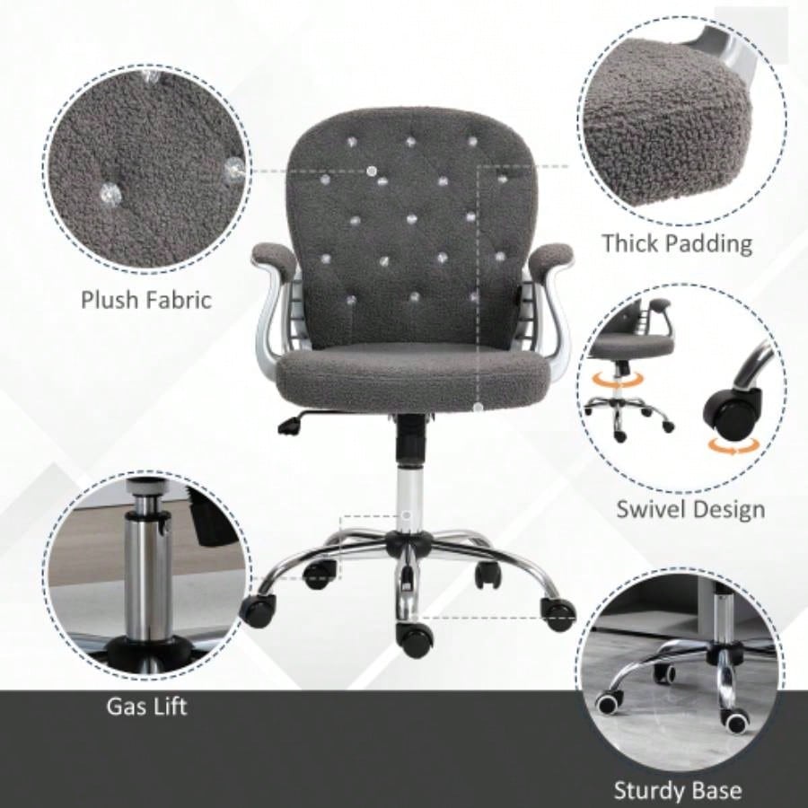 Vinsetto Teddy Fleece Home Office Chair, Button Tufted Desk Chair with Padded Armrests, Adjustable Height and Swivel Wheels, Dark Gray