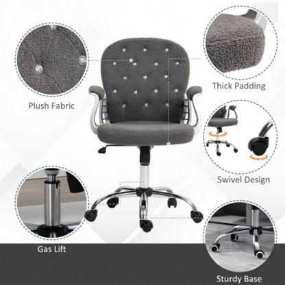 Vinsetto Teddy Fleece Home Office Chair, Button Tufted Desk Chair with Padded Armrests, Adjustable Height and Swivel Wheels, Dark Gray