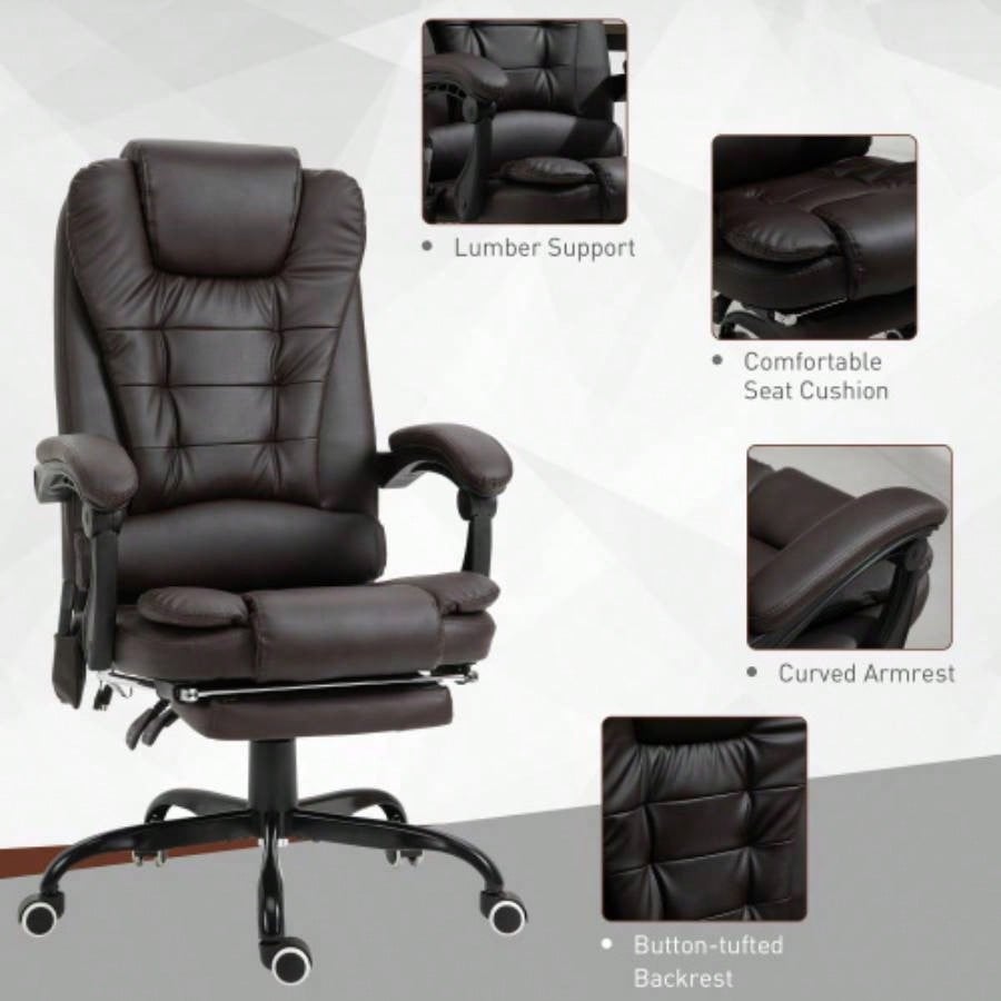 Vinsetto - Point Vibrating Massage Office Chair, High Back Executive Recliner with Lumbar Support, Footrest, Reclining Back, Adjustable Height, Brown