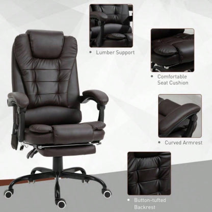 Vinsetto - Point Vibrating Massage Office Chair, High Back Executive Recliner with Lumbar Support, Footrest, Reclining Back, Adjustable Height, Brown