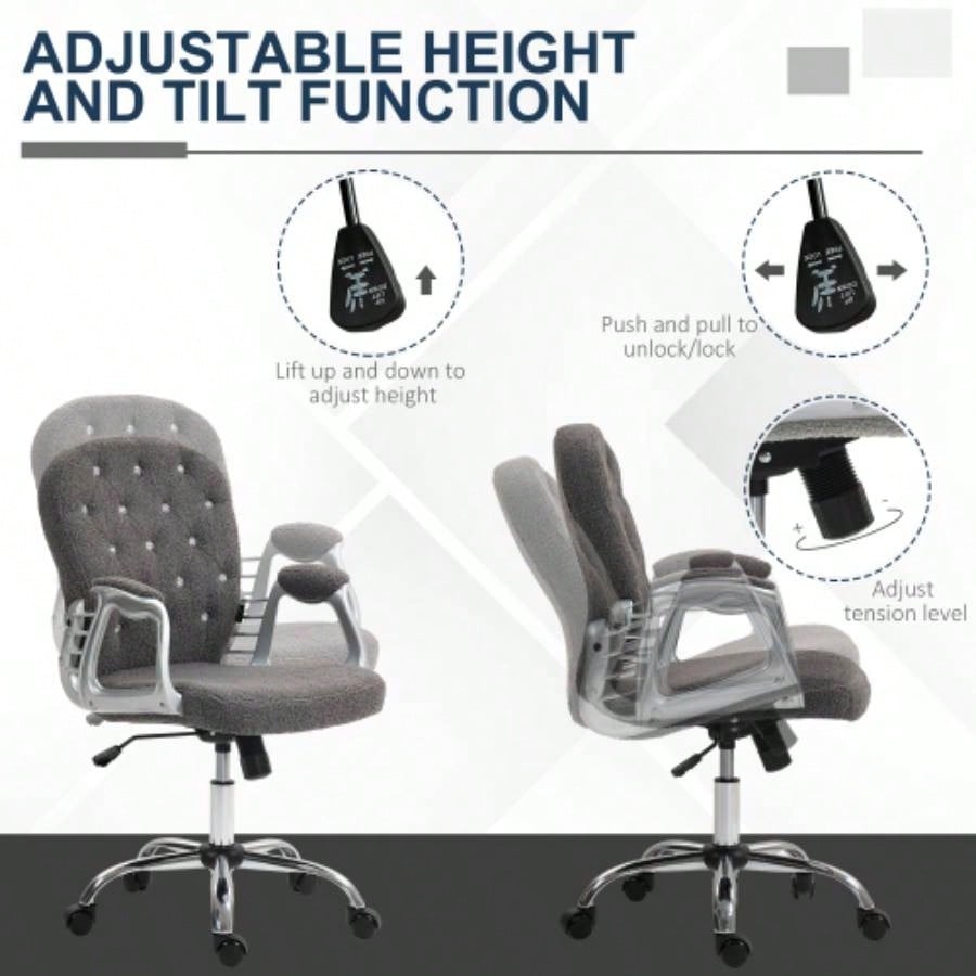 Vinsetto Teddy Fleece Home Office Chair, Button Tufted Desk Chair with Padded Armrests, Adjustable Height and Swivel Wheels, Dark Gray