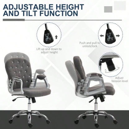 Vinsetto Teddy Fleece Home Office Chair, Button Tufted Desk Chair with Padded Armrests, Adjustable Height and Swivel Wheels, Dark Gray