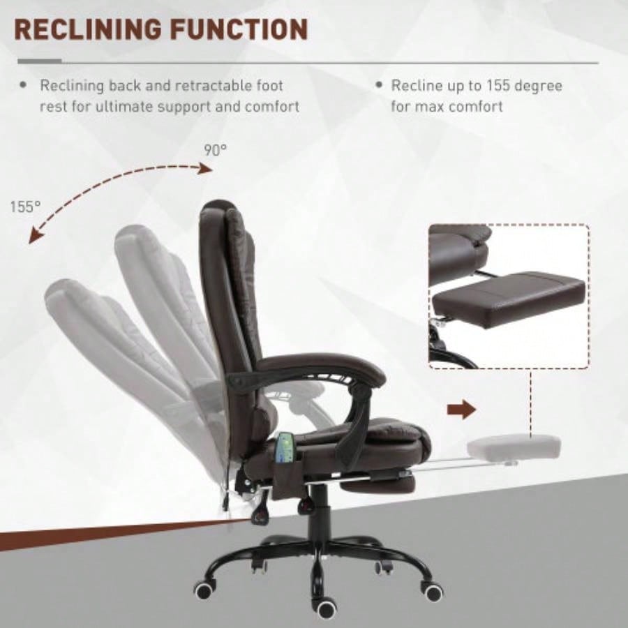 Vinsetto - Point Vibrating Massage Office Chair, High Back Executive Recliner with Lumbar Support, Footrest, Reclining Back, Adjustable Height, Brown
