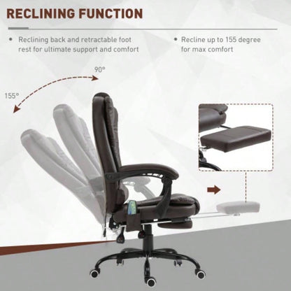 Vinsetto - Point Vibrating Massage Office Chair, High Back Executive Recliner with Lumbar Support, Footrest, Reclining Back, Adjustable Height, Brown
