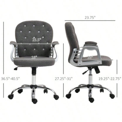 Vinsetto Teddy Fleece Home Office Chair, Button Tufted Desk Chair with Padded Armrests, Adjustable Height and Swivel Wheels, Dark Gray