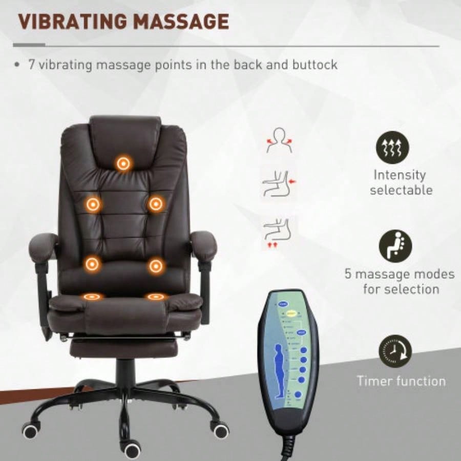 Vinsetto - Point Vibrating Massage Office Chair, High Back Executive Recliner with Lumbar Support, Footrest, Reclining Back, Adjustable Height, Brown