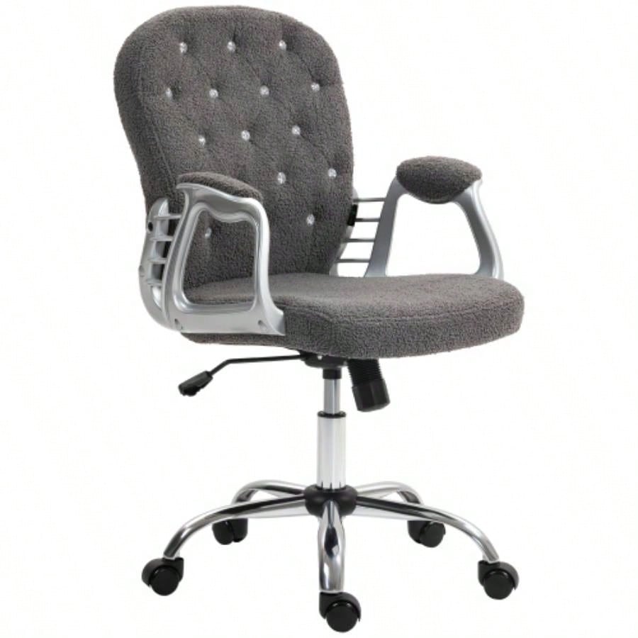 Vinsetto Teddy Fleece Home Office Chair, Button Tufted Desk Chair with Padded Armrests, Adjustable Height and Swivel Wheels, Dark Gray