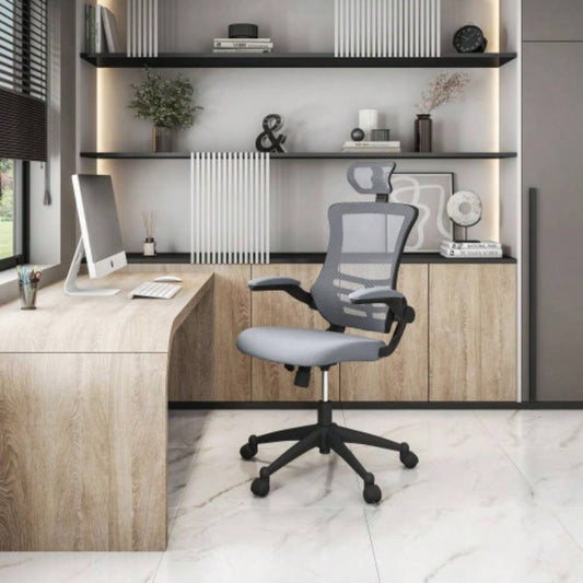 Techni Mobili Modern High - Back Mesh Executive Office Chair with Headrest and Flip - Up Arms, Silver