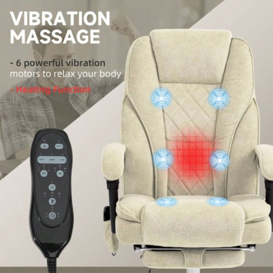 Vinsetto Massage Office Chair with Foot Rest, Executive Office Chair with 6 Vibration Point and Heat, Reclining Computer Chair, Swivel Desk Chair, Adjustable Height, Beige