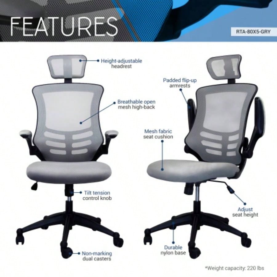Techni Mobili Modern High - Back Mesh Executive Office Chair with Headrest and Flip - Up Arms, Silver