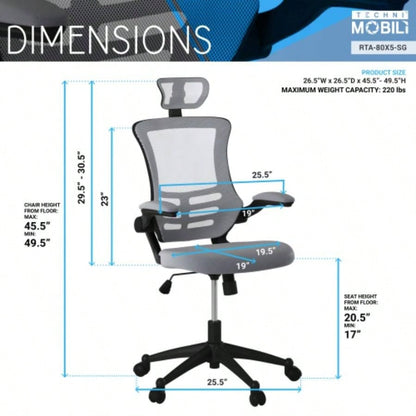 Techni Mobili Modern High - Back Mesh Executive Office Chair with Headrest and Flip - Up Arms, Silver