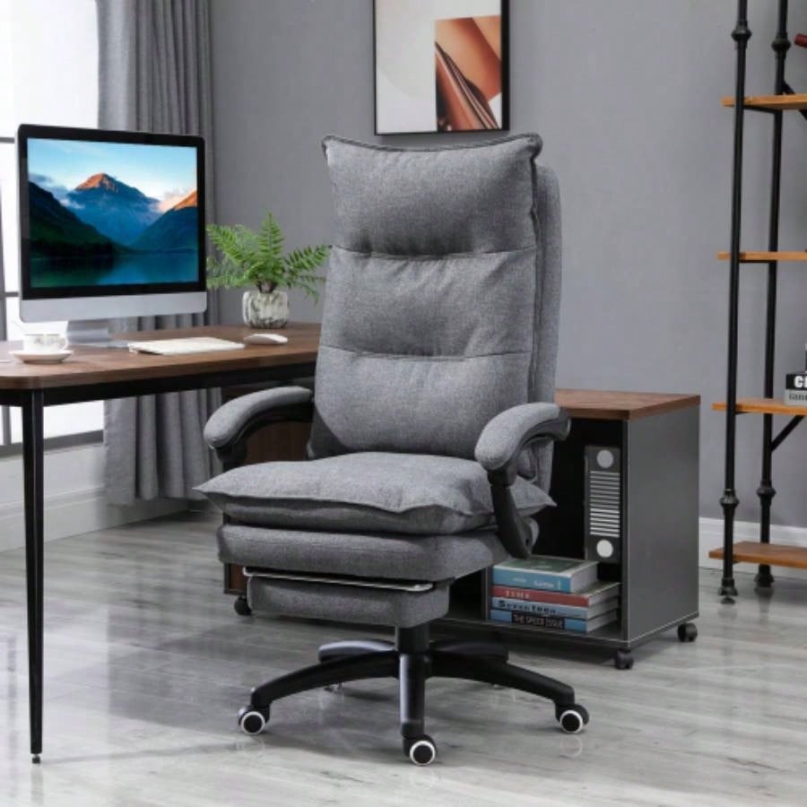Vinsetto 360 Swivel Executive Home Office Chair Adjustable Height Linen Style Fabric Recliner with Retractable Footrest and Double Padding,