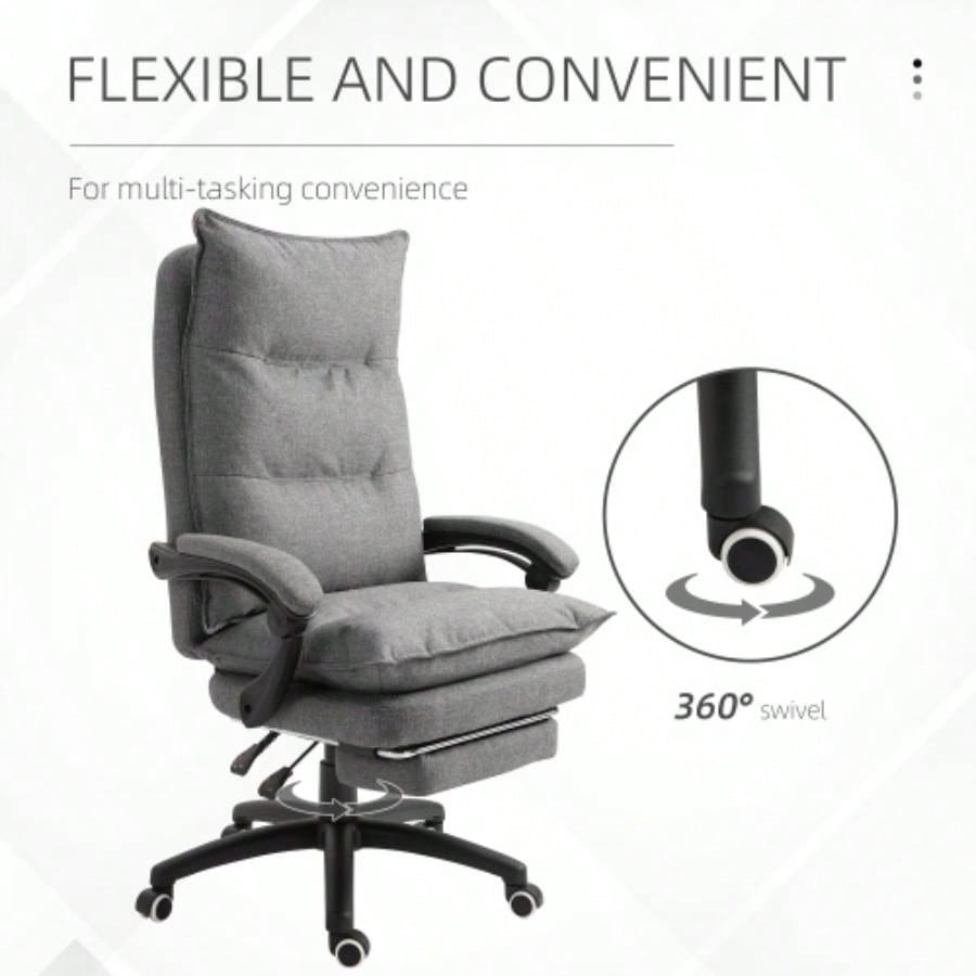 Vinsetto 360 Swivel Executive Home Office Chair Adjustable Height Linen Style Fabric Recliner with Retractable Footrest and Double Padding,