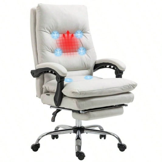 Vinsetto Microfibre Executive Massage Office Chair, Computer Desk Chair, Heated Reclining Chair with Footrest, Double - tier Padding, Swivel Wheels, White