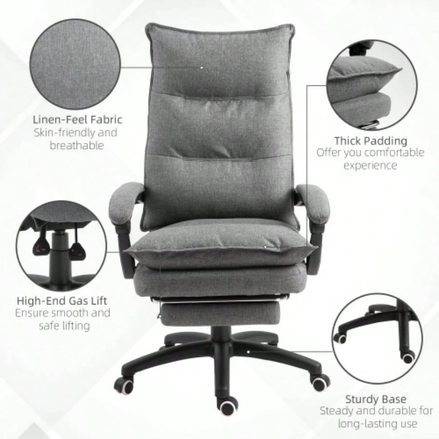 Vinsetto 360 Swivel Executive Home Office Chair Adjustable Height Linen Style Fabric Recliner with Retractable Footrest and Double Padding,