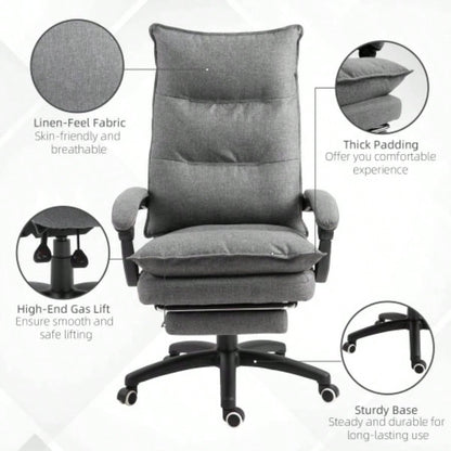 Vinsetto 360 Swivel Executive Home Office Chair Adjustable Height Linen Style Fabric Recliner with Retractable Footrest and Double Padding,