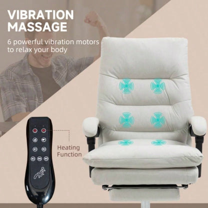 Vinsetto Microfibre Executive Massage Office Chair, Computer Desk Chair, Heated Reclining Chair with Footrest, Double - tier Padding, Swivel Wheels, White