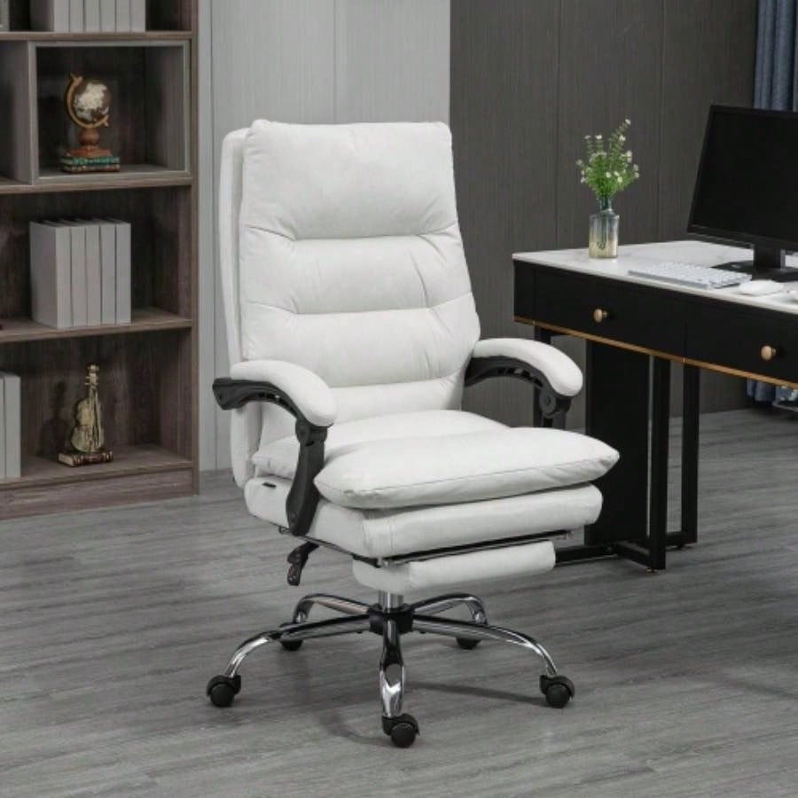 Vinsetto Microfibre Executive Massage Office Chair, Computer Desk Chair, Heated Reclining Chair with Footrest, Double - tier Padding, Swivel Wheels, White