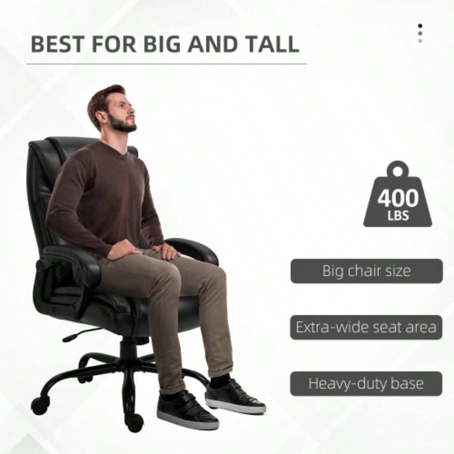 Big and Tall 400lbs Executive Office Chair with Wide, Computer Desk Chair with High Back PU Leather Ergonomic Upholstery, Adjustable Height and Swivel Wheels, Black