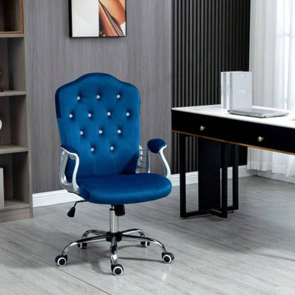 Vinsetto Home Office Chair, Velvet Computer Chair, Button Tufted Desk Chair with Swivel Wheels, Adjustable Height, and Tilt Function, Blue