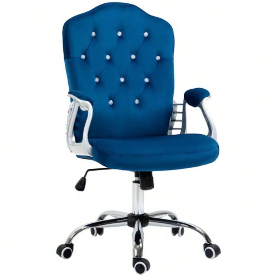 Vinsetto Home Office Chair, Velvet Computer Chair, Button Tufted Desk Chair with Swivel Wheels, Adjustable Height, and Tilt Function, Blue