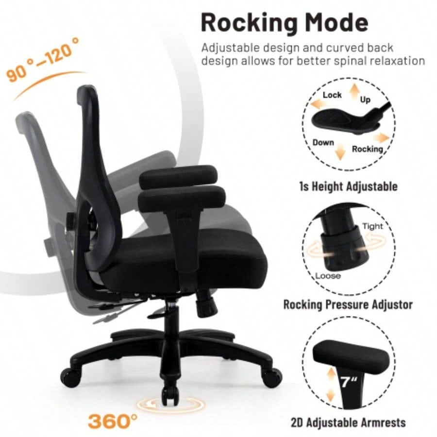 Big Office Chair, Large Ergonomic Executive Chair Heavy Duty People, Computer Desk Task Chair with Wheels, Thick Cushion Chair Home Sturdy, Black