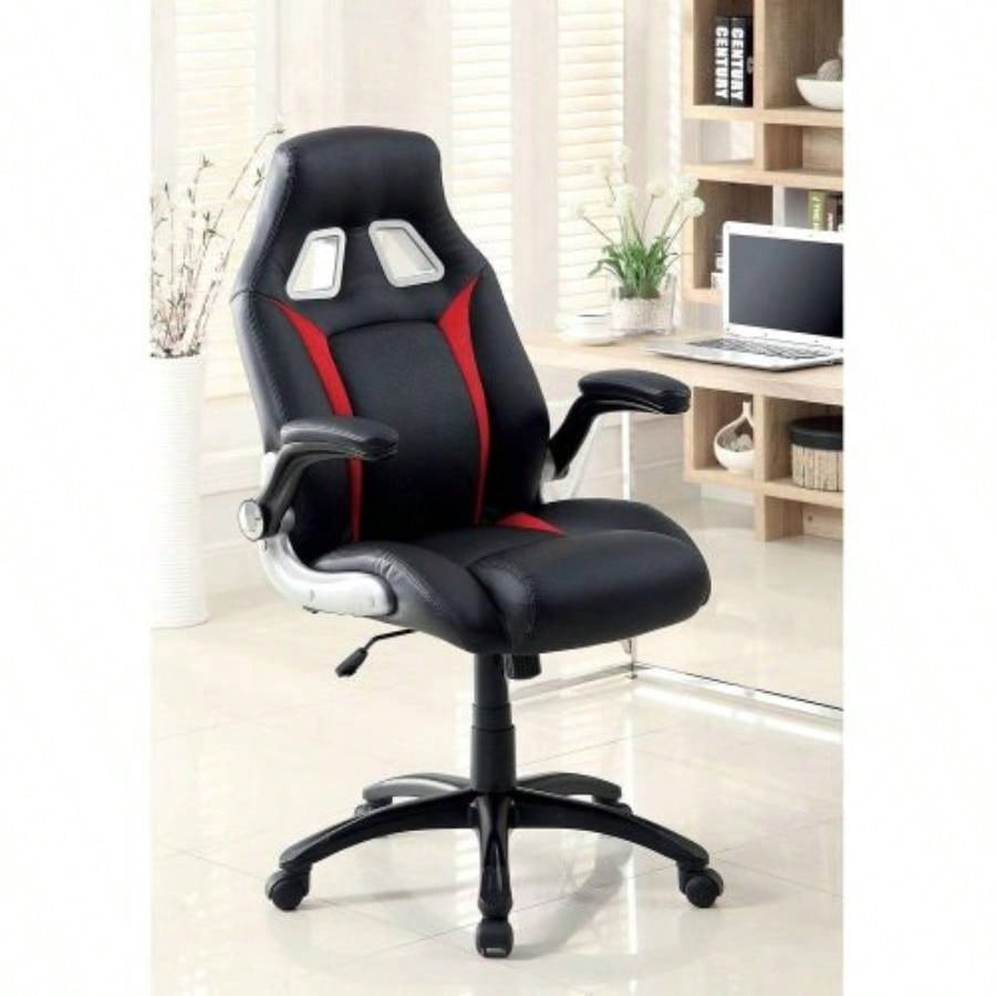 Stylish Office Chair Upholstered 1pc Comfort Adjustable Chair Relax Gaming Office Chair Work Black And Red Color Padded Armrests