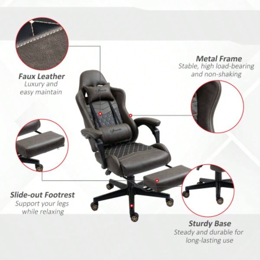 Vinsetto Racing Gaming Chair PU Leather Office Gamer Chair High Back Swivel Recliner with Footrest, Lumbar Support, Adjustable Height, Brown
