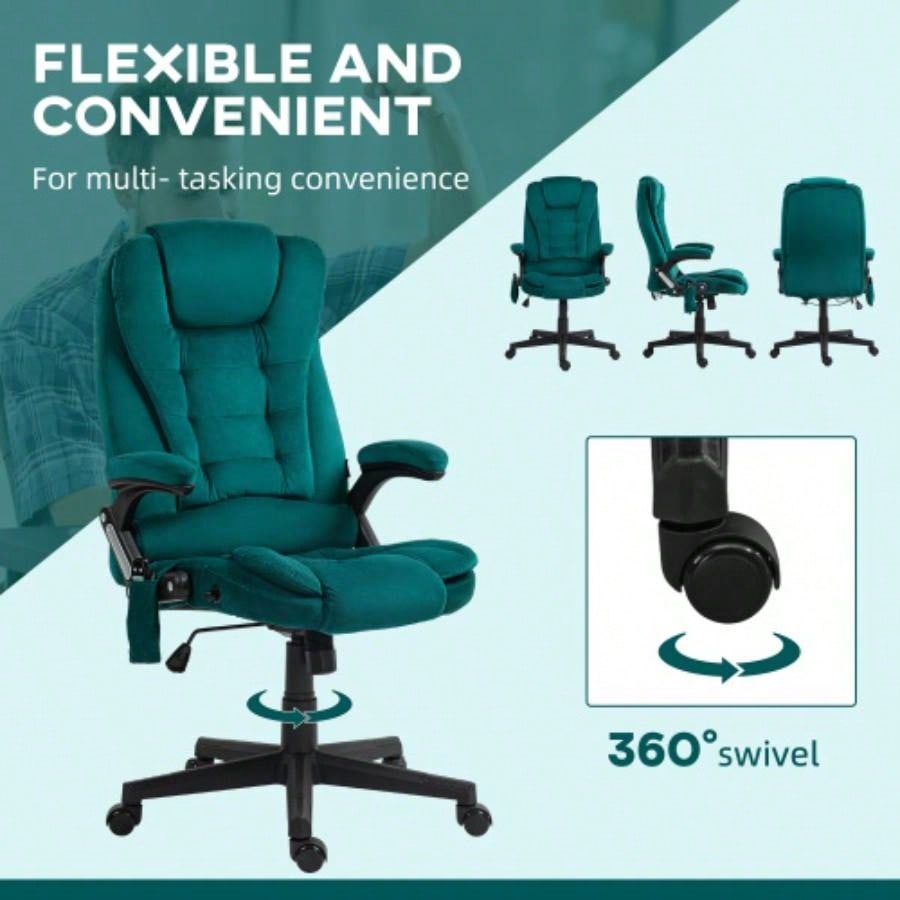 HOMCOM 6 Point Vibrating Massage Office Chair with Heat, Velvet High Back Executive Office Chair with Reclining Backrest, Padded Armrests and Remote, Dark Green