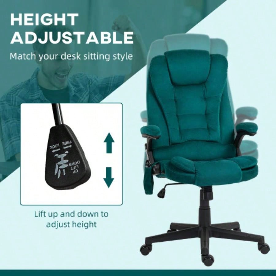 HOMCOM 6 Point Vibrating Massage Office Chair with Heat, Velvet High Back Executive Office Chair with Reclining Backrest, Padded Armrests and Remote, Dark Green