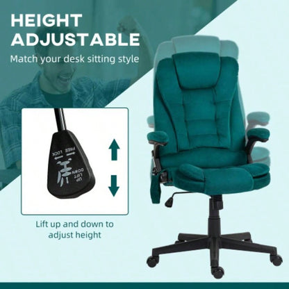 HOMCOM 6 Point Vibrating Massage Office Chair with Heat, Velvet High Back Executive Office Chair with Reclining Backrest, Padded Armrests and Remote, Dark Green