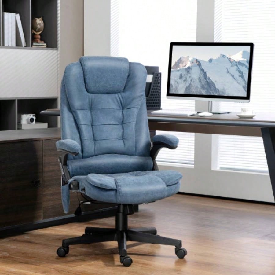 HOMCOM High Back Vibration Massage Office Chair with 6 Vibration Points, Heated Reclining PU Leather Computer Chair with Armrest and Remote, Blue