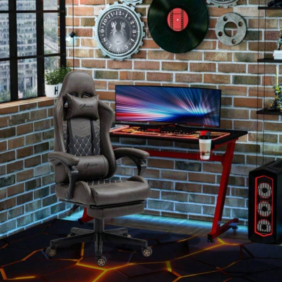 Vinsetto Racing Gaming Chair PU Leather Office Gamer Chair High Back Swivel Recliner with Footrest, Lumbar Support, Adjustable Height, Brown