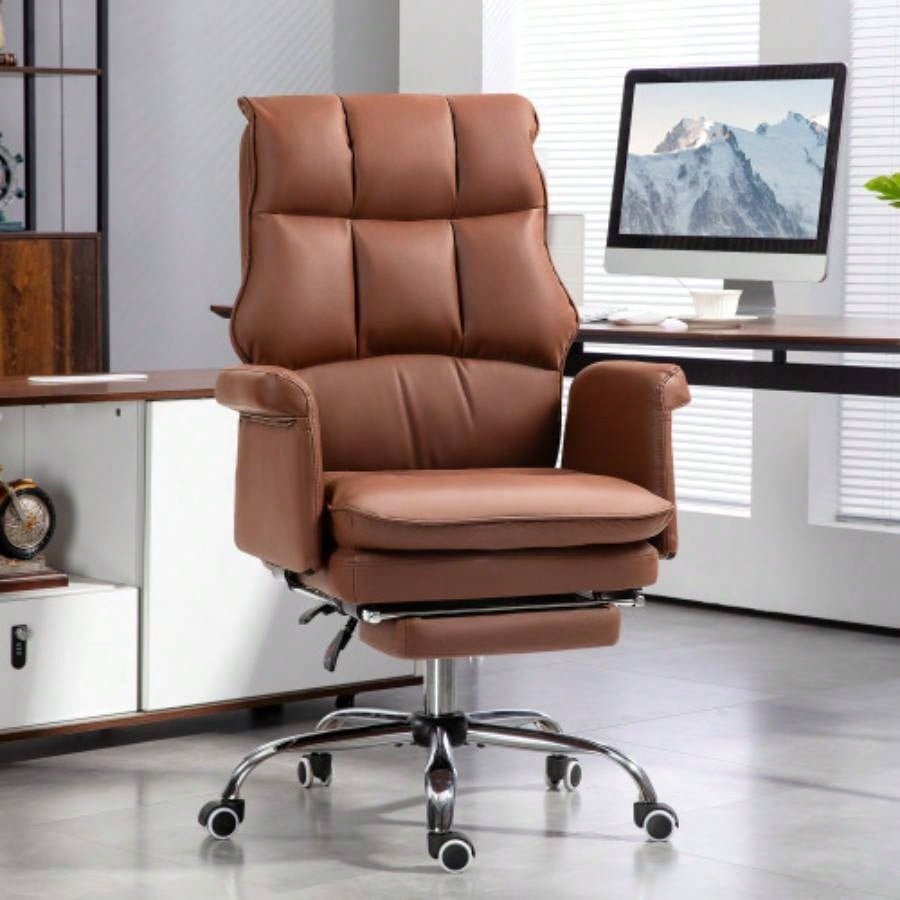HOMCOM Executive Office Chair, PU Leather Ergonomic Office Desk Chair with Footrest, Reclining and Swivel Chair, Brown