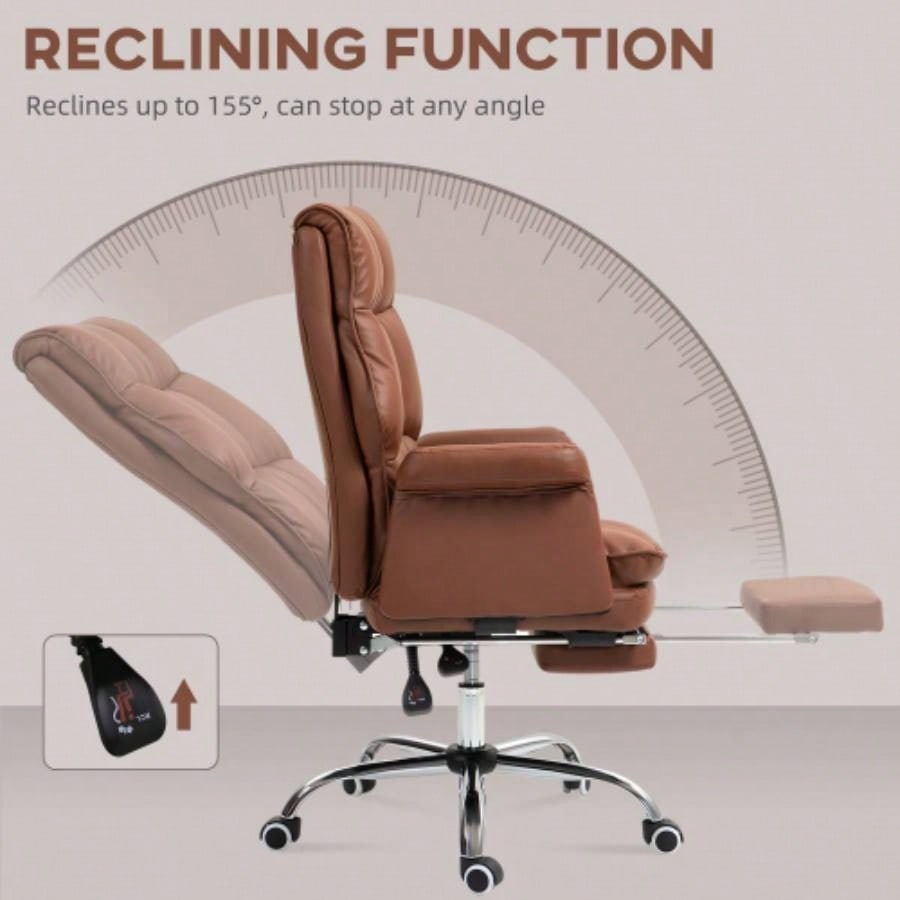 HOMCOM Executive Office Chair, PU Leather Ergonomic Office Desk Chair with Footrest, Reclining and Swivel Chair, Brown