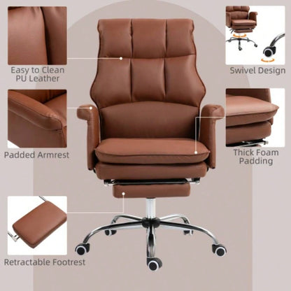 HOMCOM Executive Office Chair, PU Leather Ergonomic Office Desk Chair with Footrest, Reclining and Swivel Chair, Brown