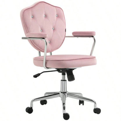 HOMCOM Cute Home Office Chair, Computer Desk Chair with Button Tufted Velvet - Feel Fabric, Swivel Vanity Chair, Pink