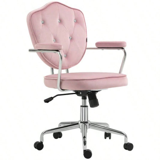 HOMCOM Cute Home Office Chair, Computer Desk Chair with Button Tufted Velvet - Feel Fabric, Swivel Vanity Chair, Pink
