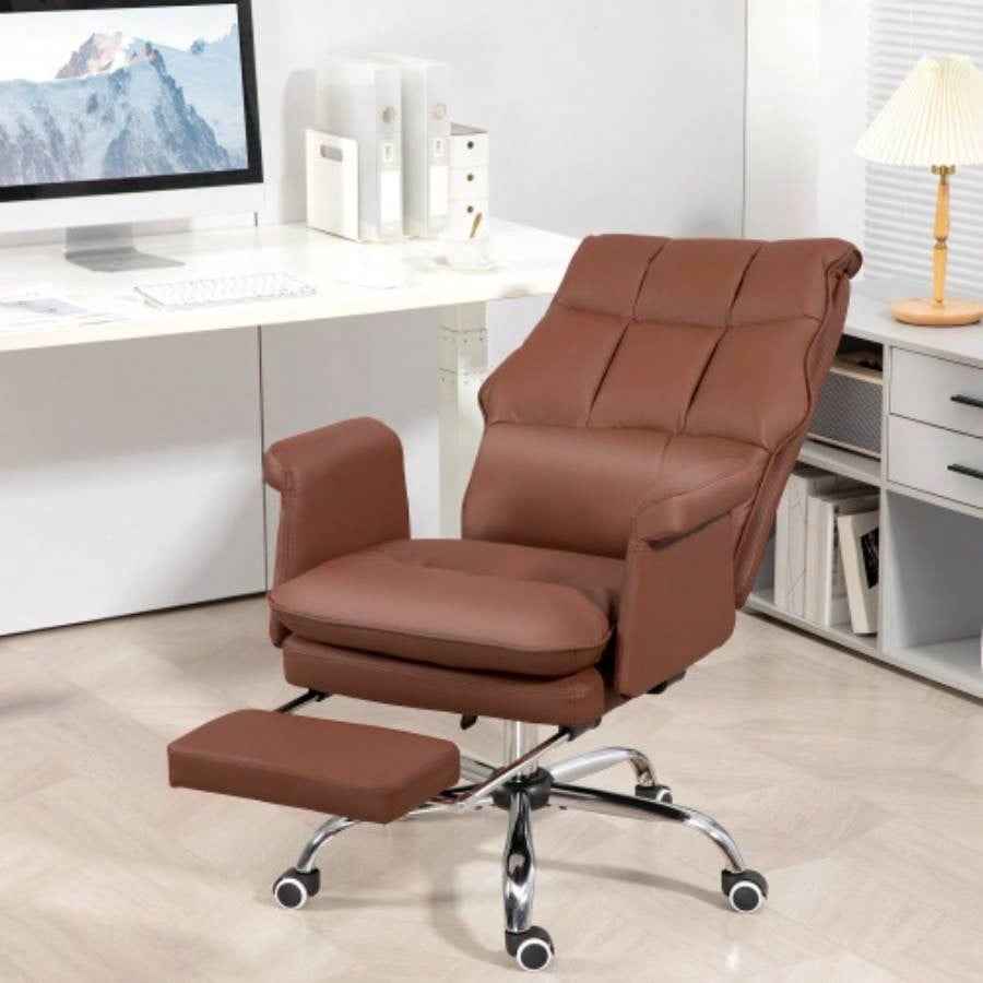 HOMCOM Executive Office Chair, PU Leather Ergonomic Office Desk Chair with Footrest, Reclining and Swivel Chair, Brown