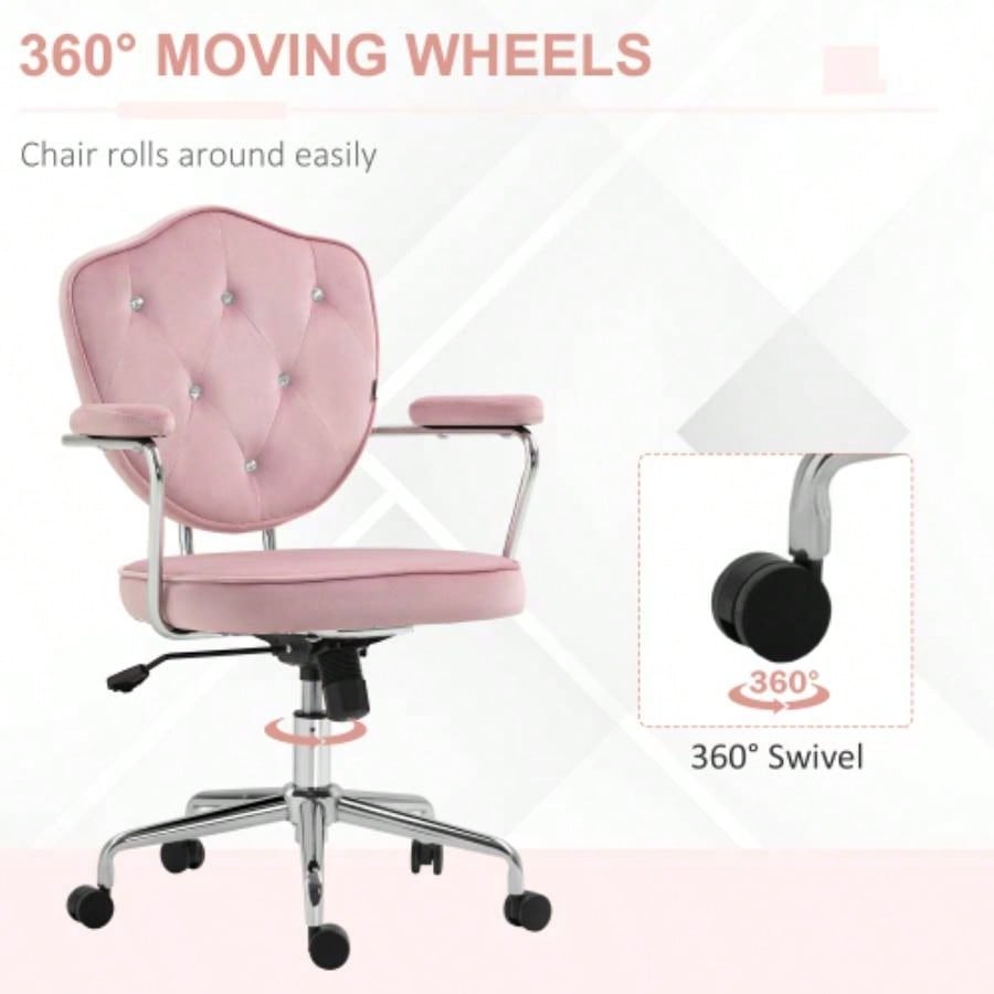 HOMCOM Cute Home Office Chair, Computer Desk Chair with Button Tufted Velvet - Feel Fabric, Swivel Vanity Chair, Pink