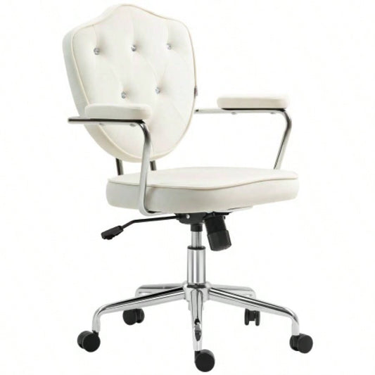 HOMCOM Cute Home Office Chair, Computer Desk Chair with Button Tufted Velvet - Feel Fabric, Swivel Vanity Chair, White