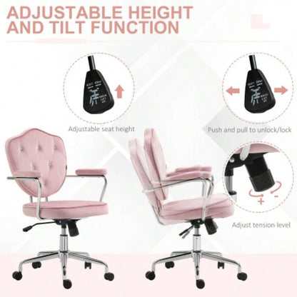 HOMCOM Cute Home Office Chair, Computer Desk Chair with Button Tufted Velvet - Feel Fabric, Swivel Vanity Chair, Pink