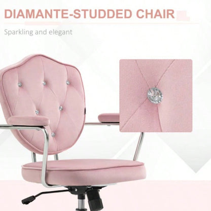 HOMCOM Cute Home Office Chair, Computer Desk Chair with Button Tufted Velvet - Feel Fabric, Swivel Vanity Chair, Pink