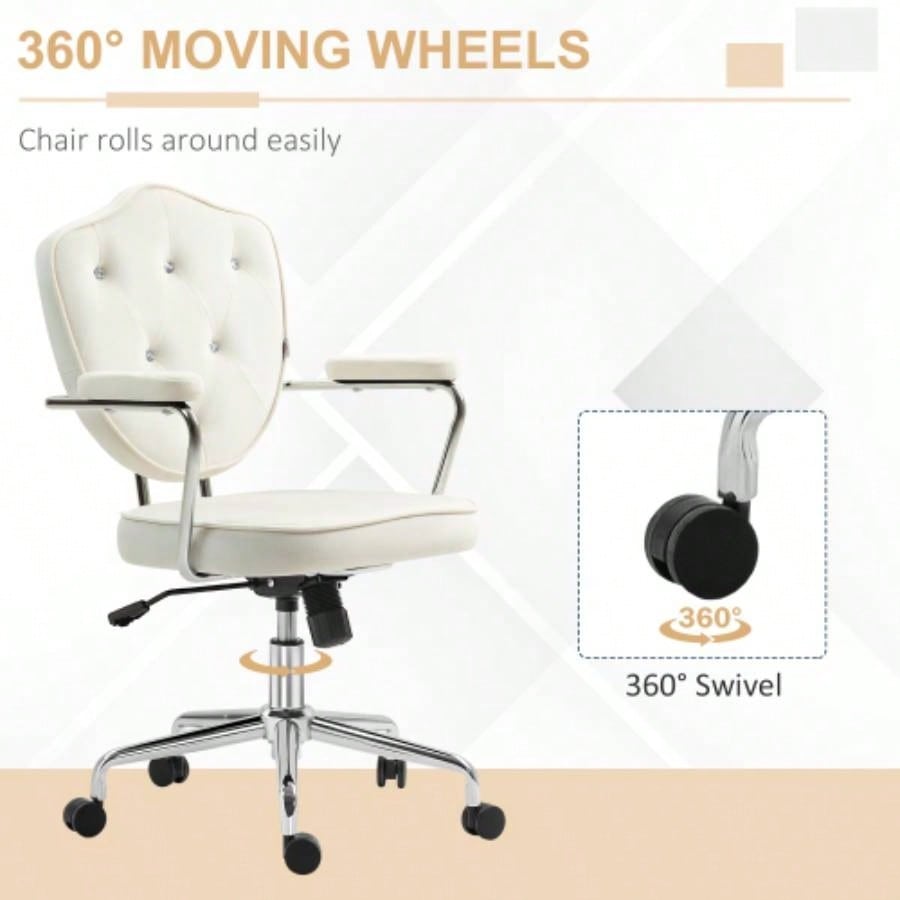 HOMCOM Cute Home Office Chair, Computer Desk Chair with Button Tufted Velvet - Feel Fabric, Swivel Vanity Chair, White