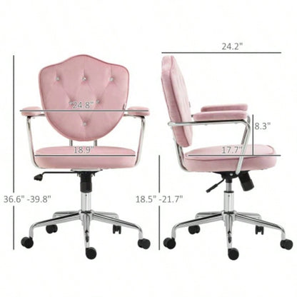 HOMCOM Cute Home Office Chair, Computer Desk Chair with Button Tufted Velvet - Feel Fabric, Swivel Vanity Chair, Pink